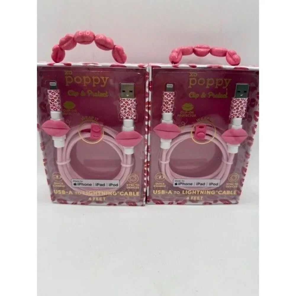 XO Poppy USB A Cable 4ft iPhone Charger Pink Lips Lot of 2